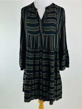 Elan Embroidered Striped Tiered Hem Bell Sleeve Dress Size Medium